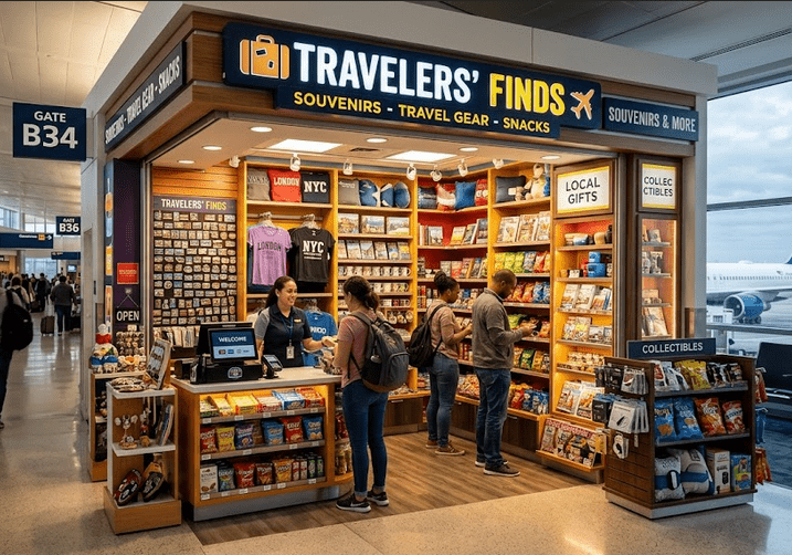 Airport gift shop with travel merchandise, snacks, and high-volume checkout counters