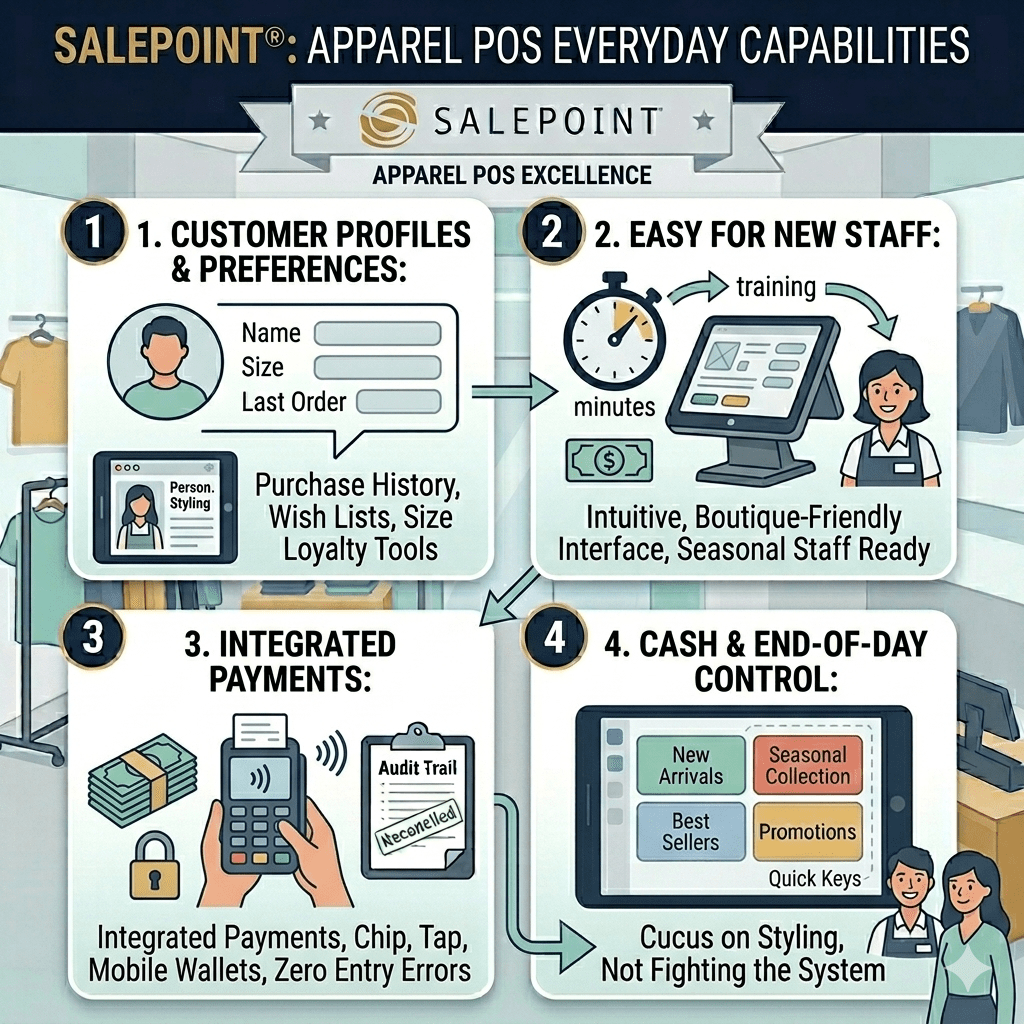 Infographic titled ‘SalePoint: Apparel POS Everyday Capabilities’ showing four key features of a specialty apparel POS system, including customer profiles with purchase history and size preferences, fast training for new staff with a boutique-friendly interface, integrated payments with chip, tap, and mobile wallet support, and cash and end-of-day control with customizable POS screens for new arrivals, seasonal collections, best sellers, and promotions.