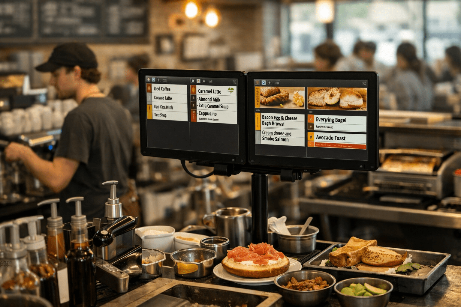 A busy coffee and bagel shop kitchen with dual KDS screens mounted above the counter showing organized drink and food orders. Baristas work at espresso machines surrounded by syrup bottles, milk pitchers, and plates of bagels with toppings. The background shows customers waiting and chatting, creating a warm, bustling café atmosphere.