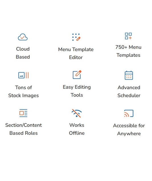 Digital signage editor interface showing customizable templates, stock images, and layout tools for restaurant menu boards