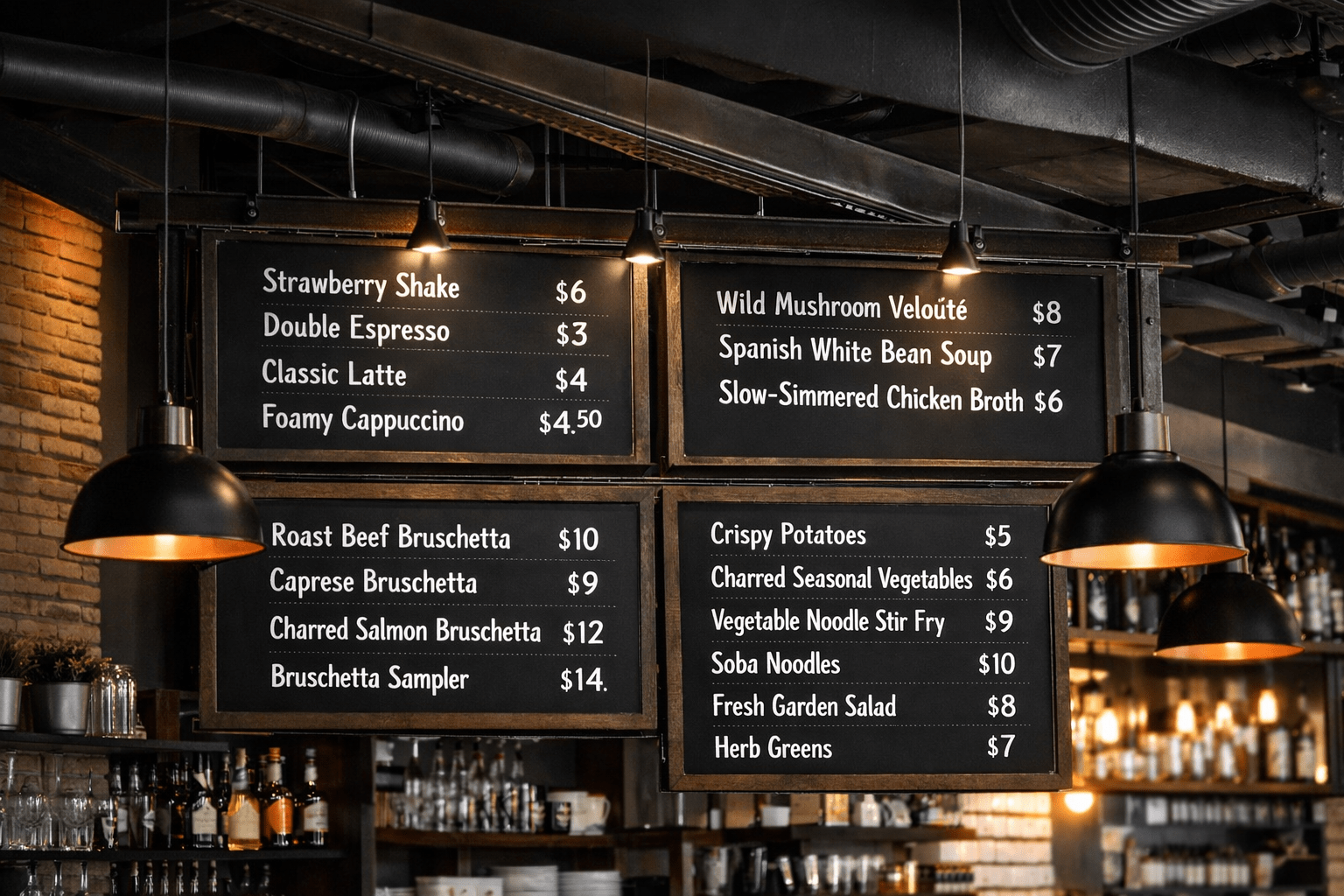 Interior of a modern industrial‑style café with exposed pipes and hanging pendant lights. Four black chalkboard menu boards display English food and drink items such as Strawberry Shake, Double Espresso, Wild Mushroom Velouté, Roast Beef Bruschetta, and Fresh Garden Salad, written in clean white sans‑serif lettering.