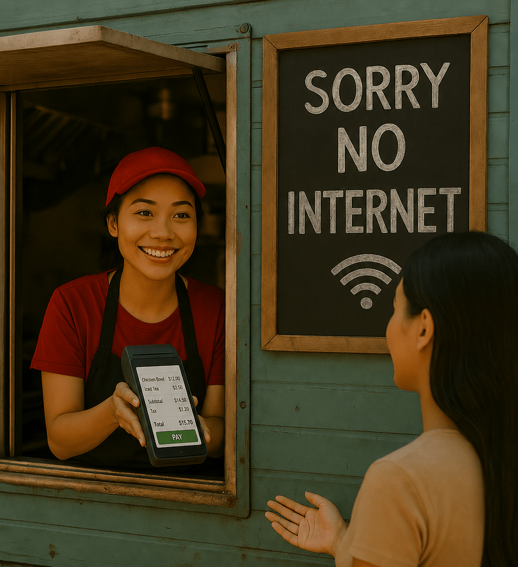 A smiling food truck worker in a red shirt and cap leans out of a service window, holding a handheld mobile POS device toward a customer to take payment. A woman standing outside the truck gestures while placing her order. Next to the window, a chalkboard sign reads “SORRY NO INTERNET” with a Wi-Fi symbol, highlighting offline payment capability.