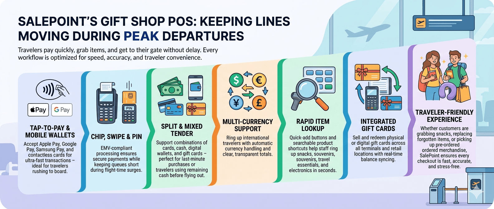 Infographic titled “SalePoint’s Gift Shop POS: Keeping Lines Moving During Peak Departures,” showing how a modern POS system speeds up airport gift shop checkout with tap-to-pay, mobile wallets, chip and PIN, split and mixed tender, multi-currency support, rapid item lookup, integrated gift cards, and traveler-friendly workflows.