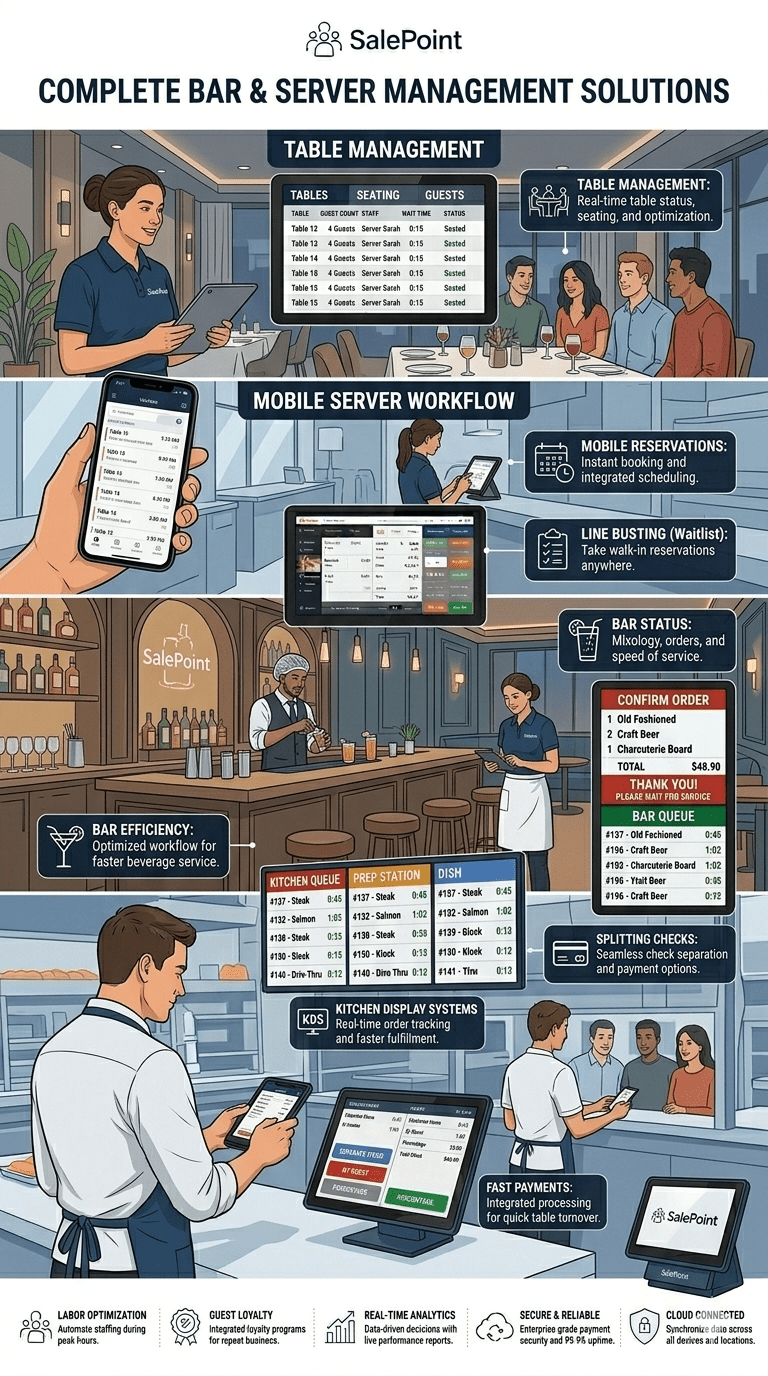 Portrait infographic showing full service restaurant operations using SalePoint technology, including tableside ordering on handheld devices, bar integration, coursing, split checks, and real-time table management screens. Servers and bartenders work across dining and bar areas with synchronized workflows, illustrating how SalePoint’s full service restaurant POS and table service POS streamline guest experience.