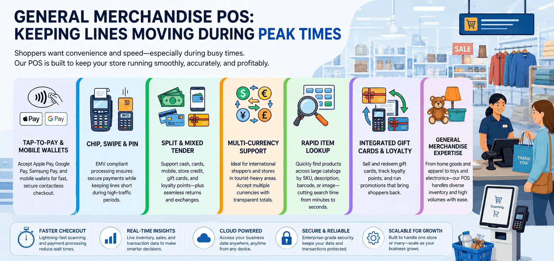 Cloud POS checkout system for a general merchandise retail store showing contactless payments, mobile wallets, barcode scanning, split tender transactions, rapid item lookup, and integrated gift card functionality.