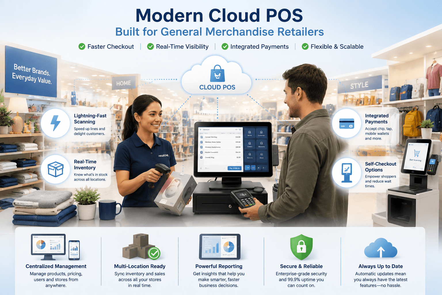 Cloud POS system for a general merchandise retail store showing fast barcode scanning, contactless payment processing, real-time inventory tracking, self-checkout capabilities, reporting dashboards, and centralized retail management.