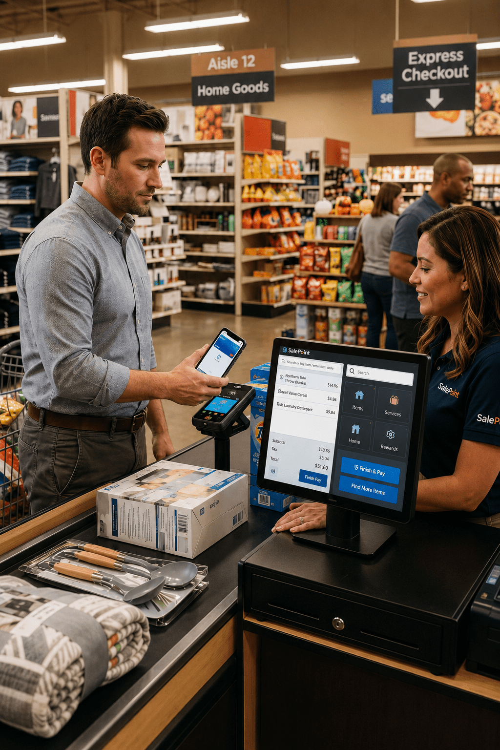 POS system in a busy general merchandise retail store showing barcode scanning, contactless payment processing, real-time inventory management, and multi-department retail operations.