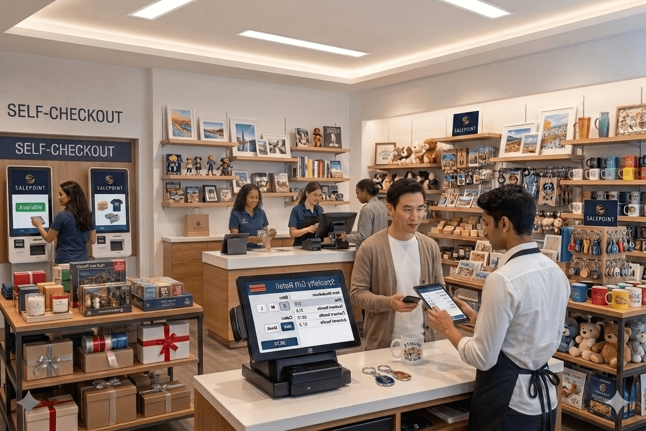 Inside a retail store providing self-checkout and manned assistance. Customers interact with staff at a POS terminal and kiosks. A gift shop scene with diverse merchandise.