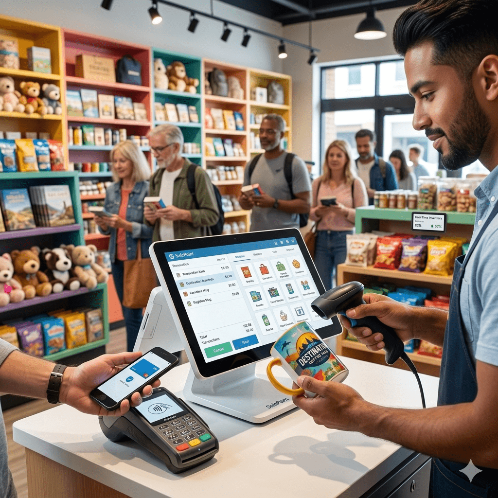 A cashier scans a “DESTINATION” souvenir mug at a busy airport gift shop checkout while a traveler makes a contactless smartphone payment. The POS screen shows real-time inventory and fast item entry tools, with shelves of snacks, books, and plush toys behind the counter and multiple customers waiting in line — illustrating high-traffic retail workflows and modern gift shop POS technology.