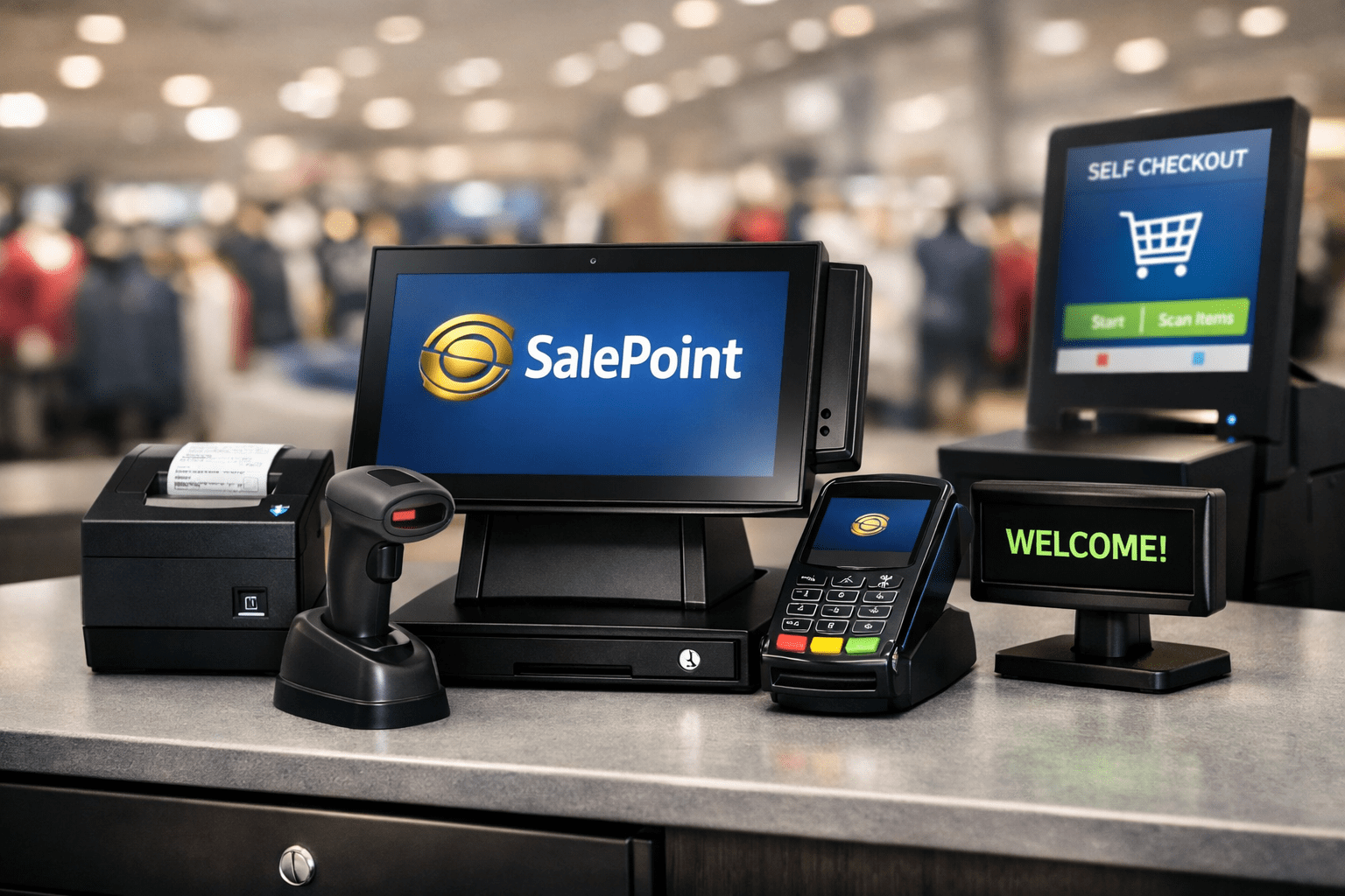 SalePoint enterprise POS hardware solutions displayed on a countertop, featuring a backlit gold SalePoint logo on a touchscreen terminal surrounded by barcode scanners, receipt printers, EMV payment devices, and self‑service kiosks — enterprise‑grade equipment designed for reliability, performance, and seamless system integration.