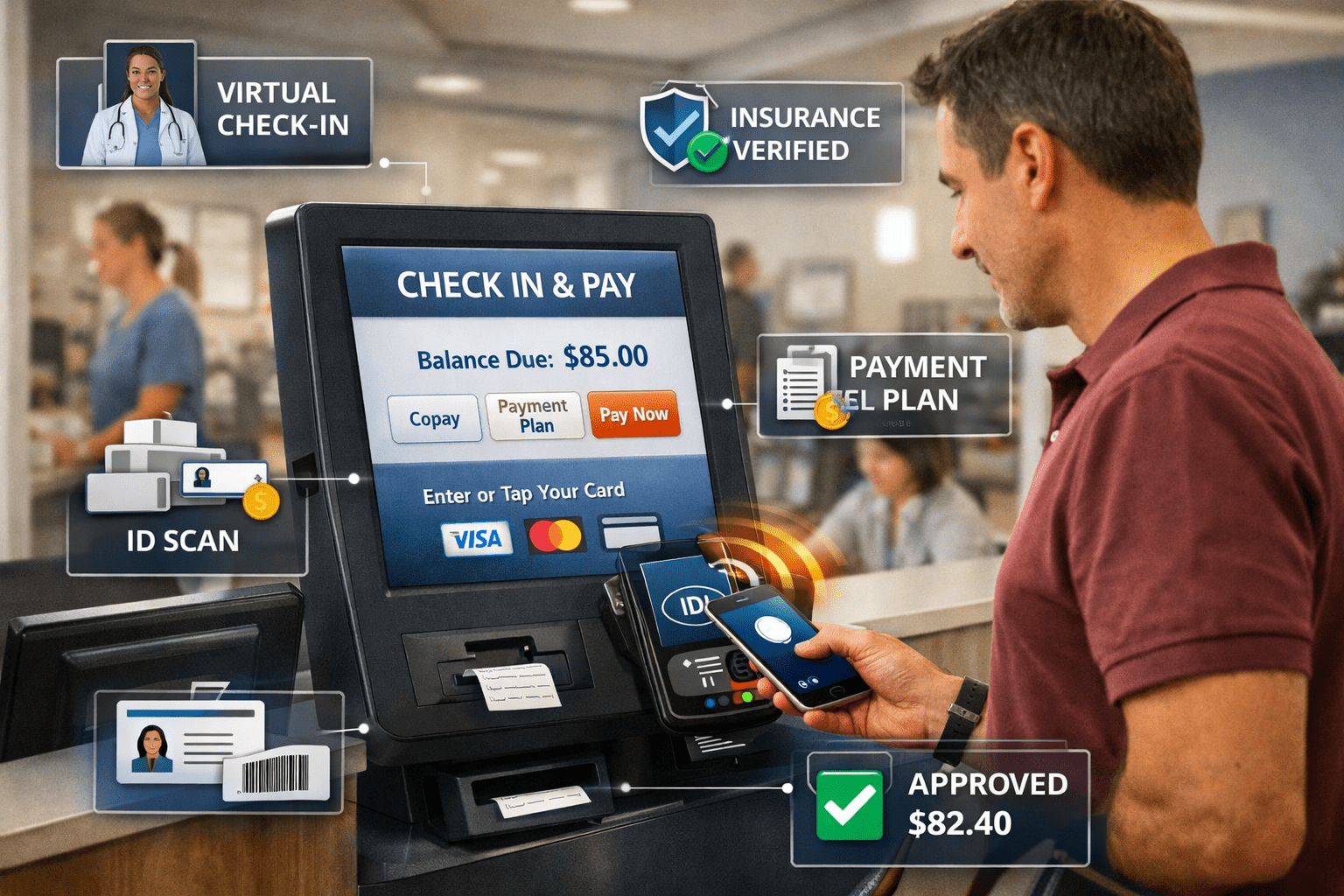 Healthcare receptionist assisting a patient with a payment terminal.