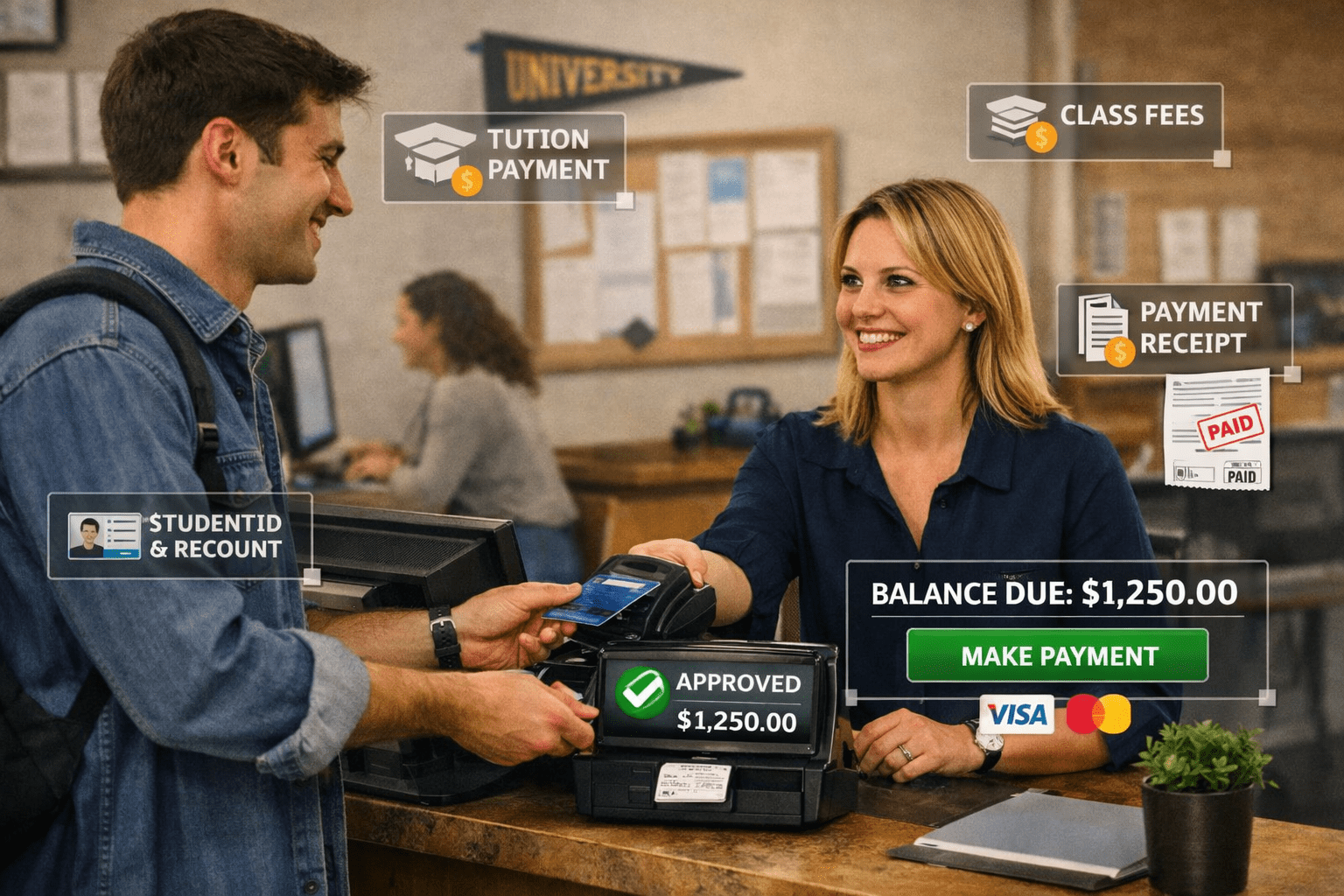 University student making a payment at a campus service desk.