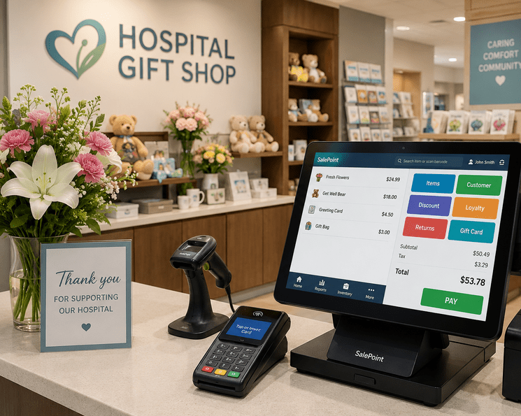 Hospital gift shop with flowers, get-well gifts, and convenience items