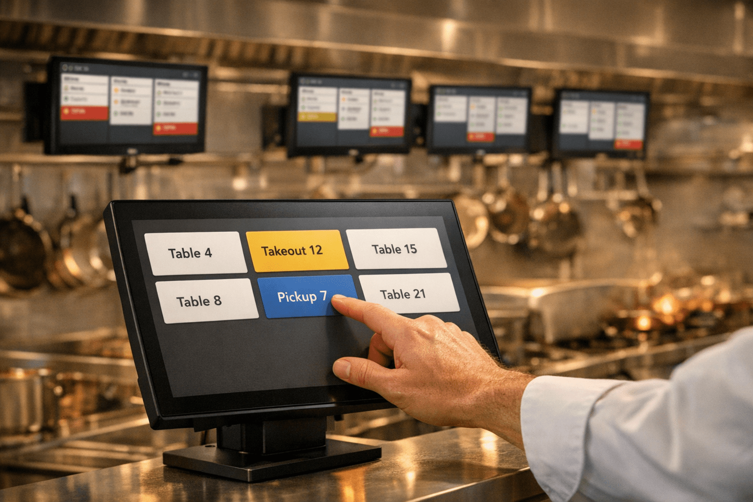 Kitchen staff preparing food with a digital kitchen display system showing active orders