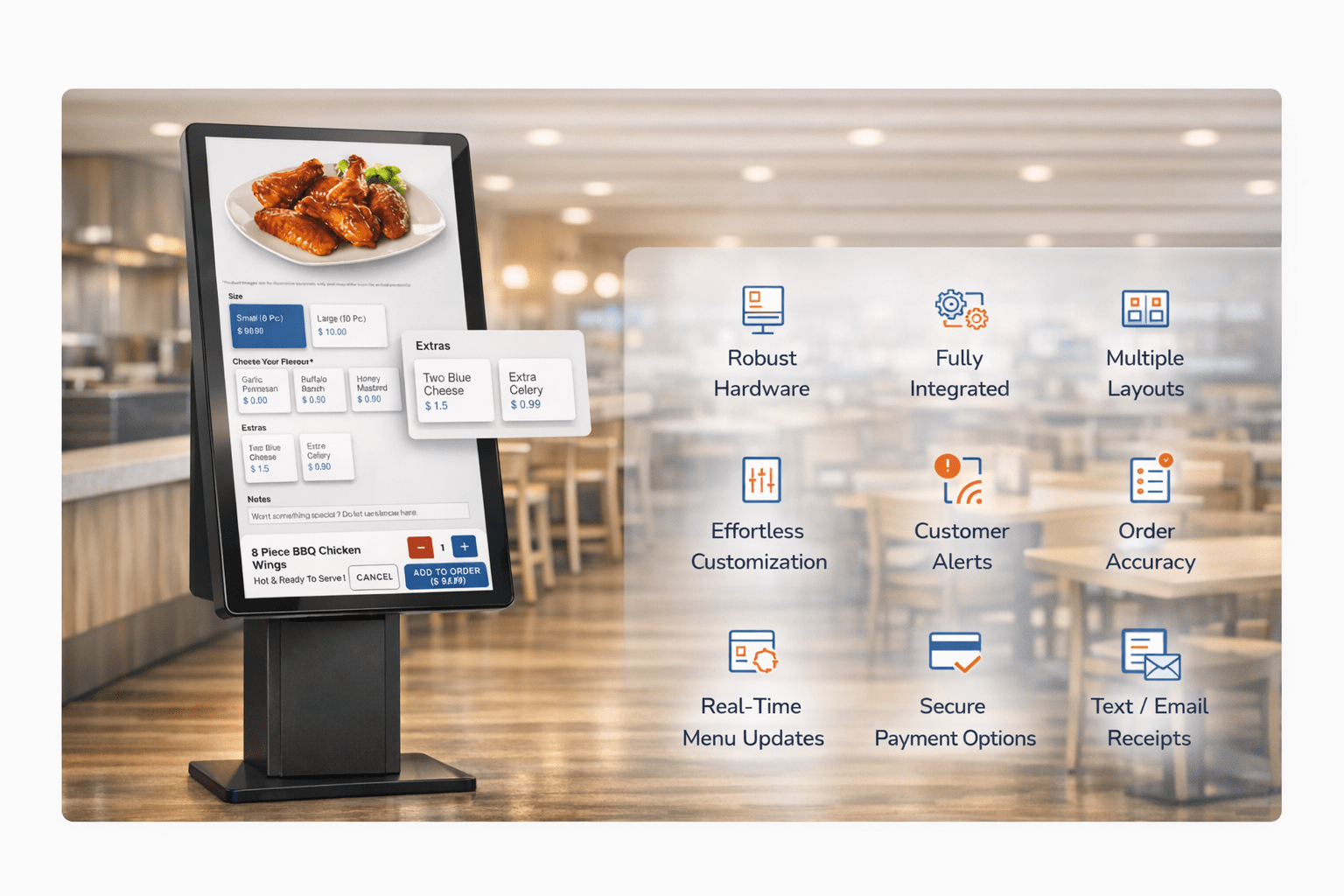 Photorealistic image of a freestanding restaurant self‑ordering kiosk angled slightly to the left, displaying a digital menu for BBQ chicken wings with size, flavor, and extras options. The kiosk stands in a modern restaurant interior with warm lighting and wooden tables. To the right, a grid of colorful icons highlights system features such as Robust Hardware, Fully Integrated, Multiple Layouts, Effortless Customization, Customer Alerts, Order Accuracy, Real‑Time Menu Updates, Secure Payment Options, and Text / Email Receipts.