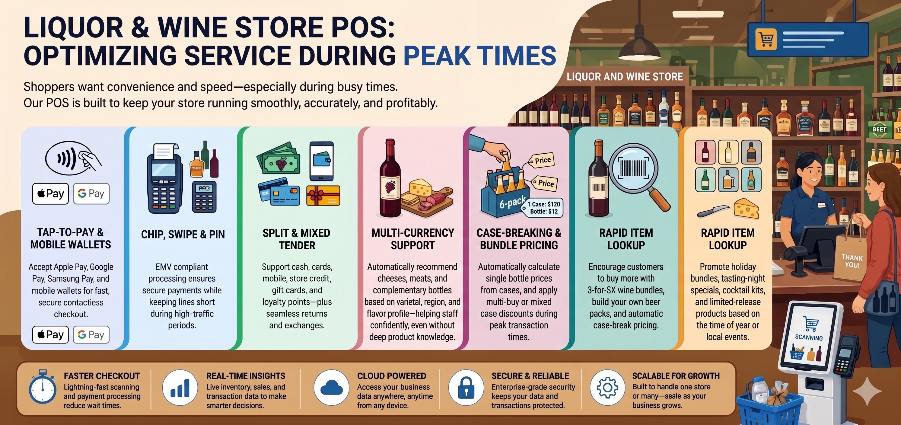 A liquor store cashier rings up a bottle of wine while the POS displays pairing suggestions, mix-pack deals, and frequently bought together items. Shelves of wine and spirits appear behind the counter, illustrating how modern POS tools increase average transaction value.