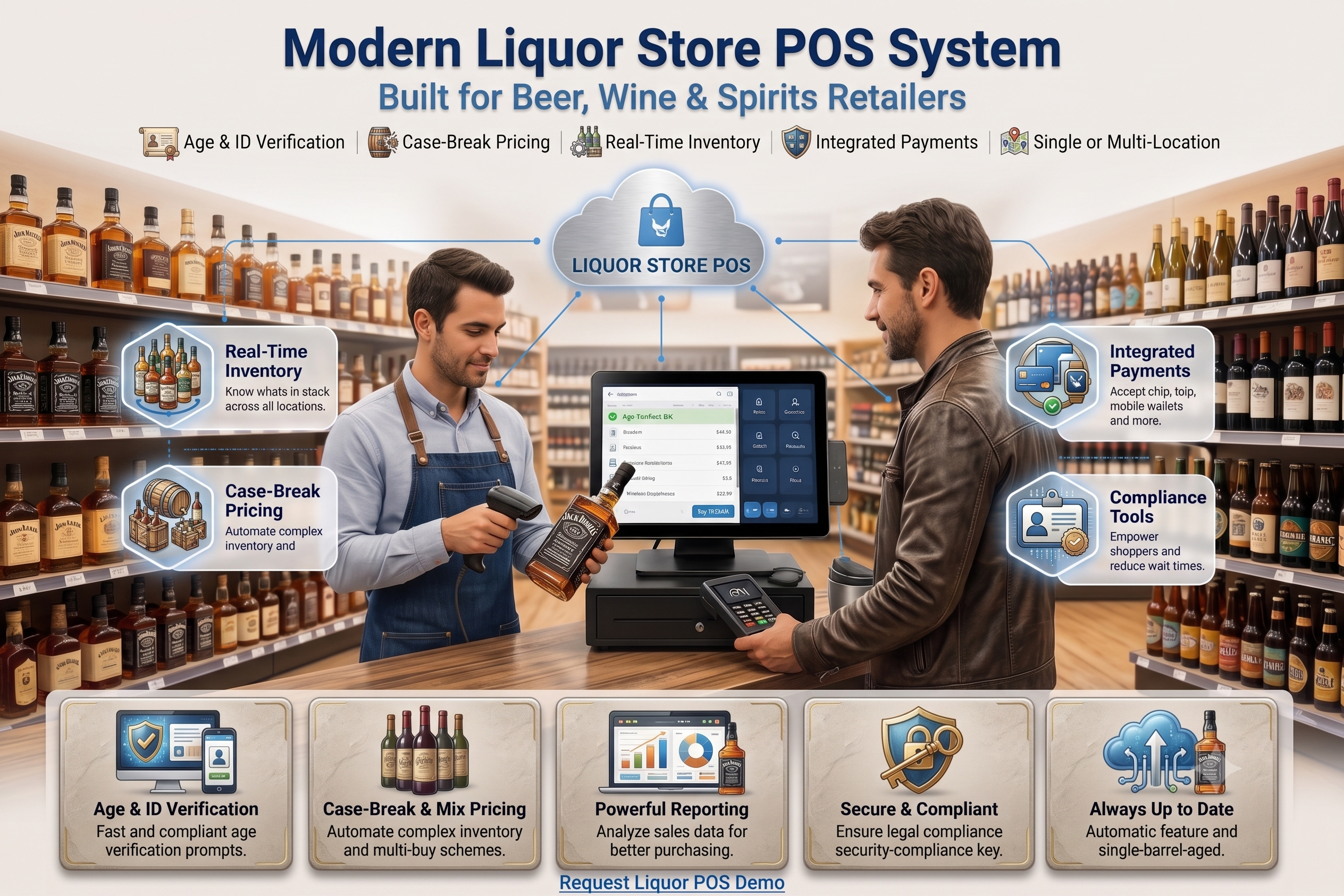 Liquor store employee scanning a bottle of Jack Daniel’s whiskey at a modern POS checkout with shelves of wine and spirits in the background; POS screen shows inventory, pricing, age verification, and payment features.
