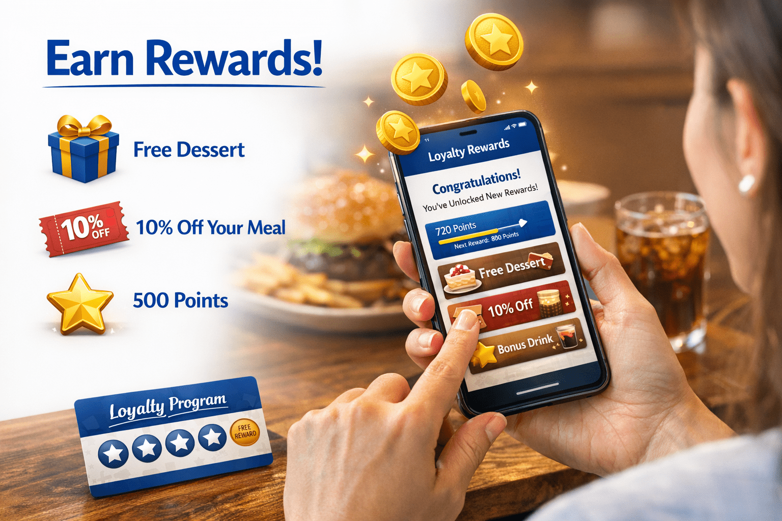 A woman seated in a restaurant uses her smartphone to view a “Loyalty Rewards” app showing earned points and unlocked rewards such as free dessert and meal discounts. Golden coins and reward icons appear around the phone, with food and a drink blurred in the background and a loyalty card on the table displaying stamped stars for completed purchases