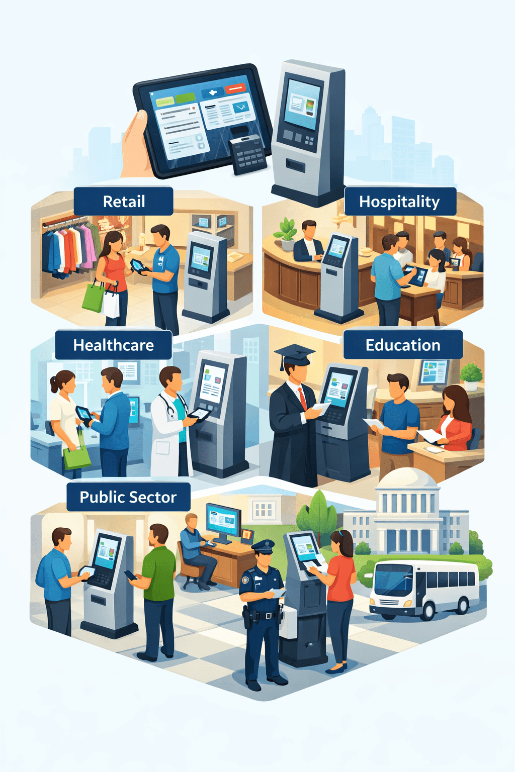 Isometric illustration showing mobile POS devices and self‑service kiosks used across retail, hospitality, healthcare, education, and public sector environments. Each industry scene depicts staff and customers interacting with tablets or kiosks for tasks such as checkout, check‑in, registration, and payments, highlighting enterprise mobility and self‑service versatility.