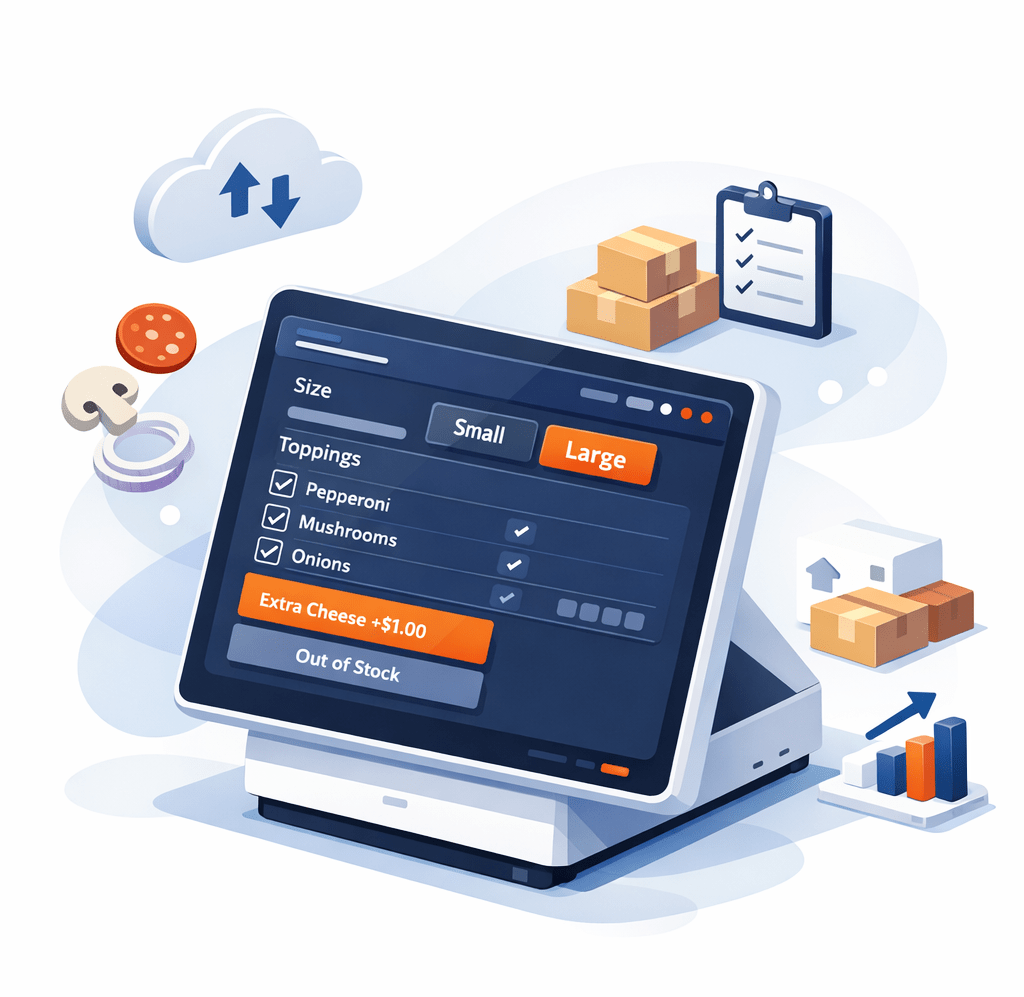 Stylized illustration of a restaurant POS screen showing pizza size and topping modifiers