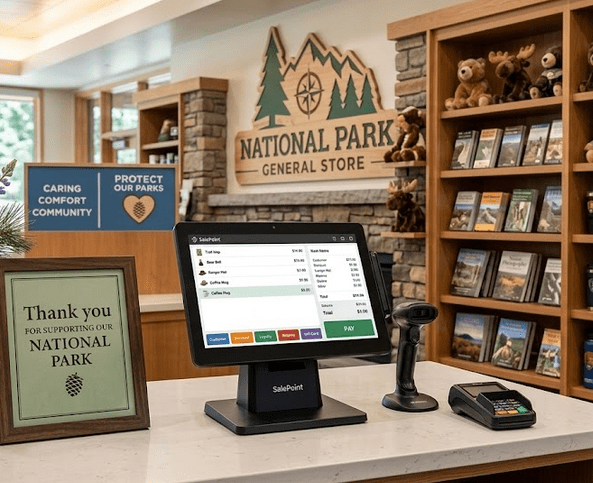 National park gift shop with outdoor apparel and branded commemorative merchandise