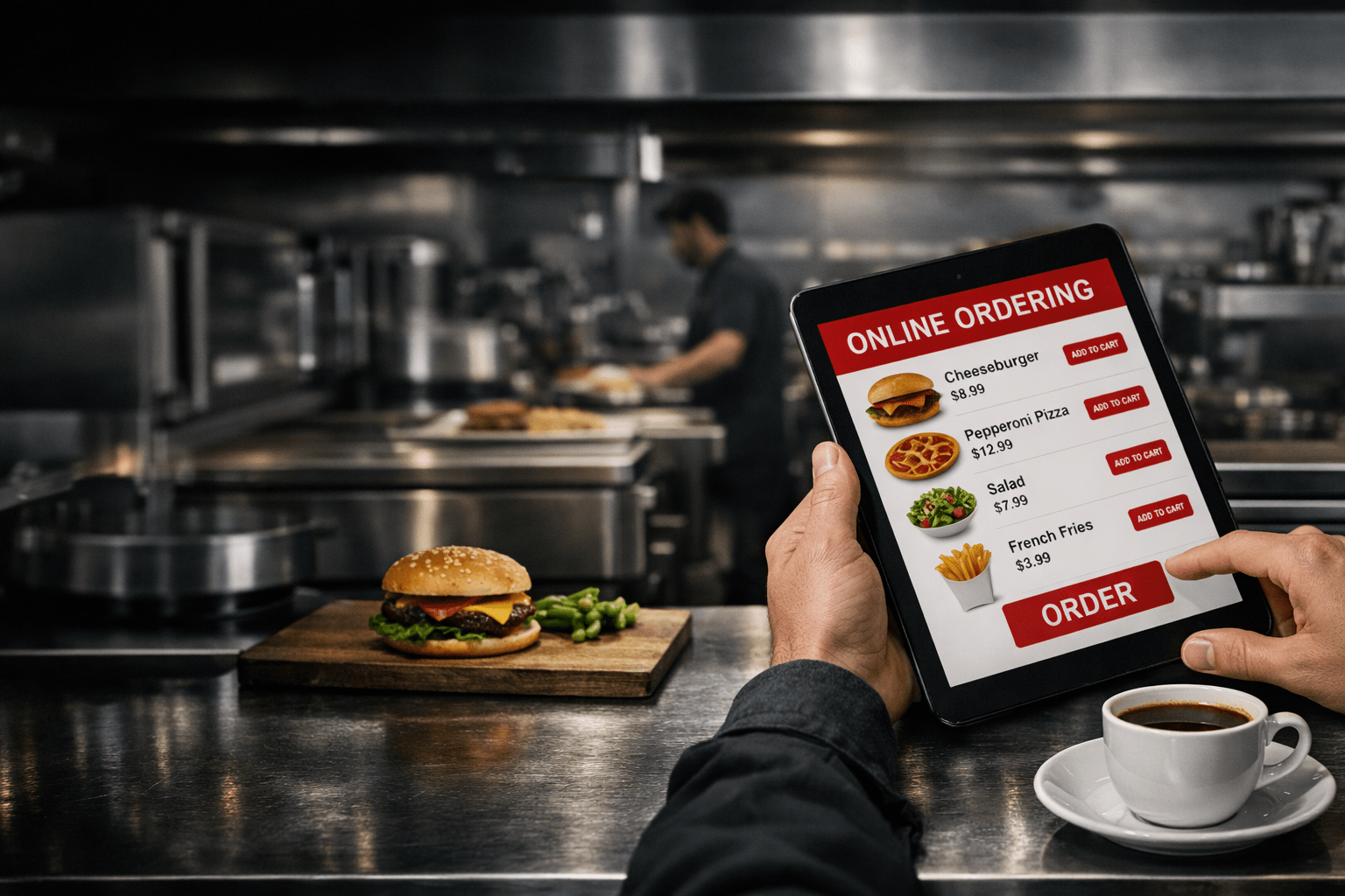 Restaurant staff using a tablet to manage online orders with menu items and add-to-cart buttons visible on screen