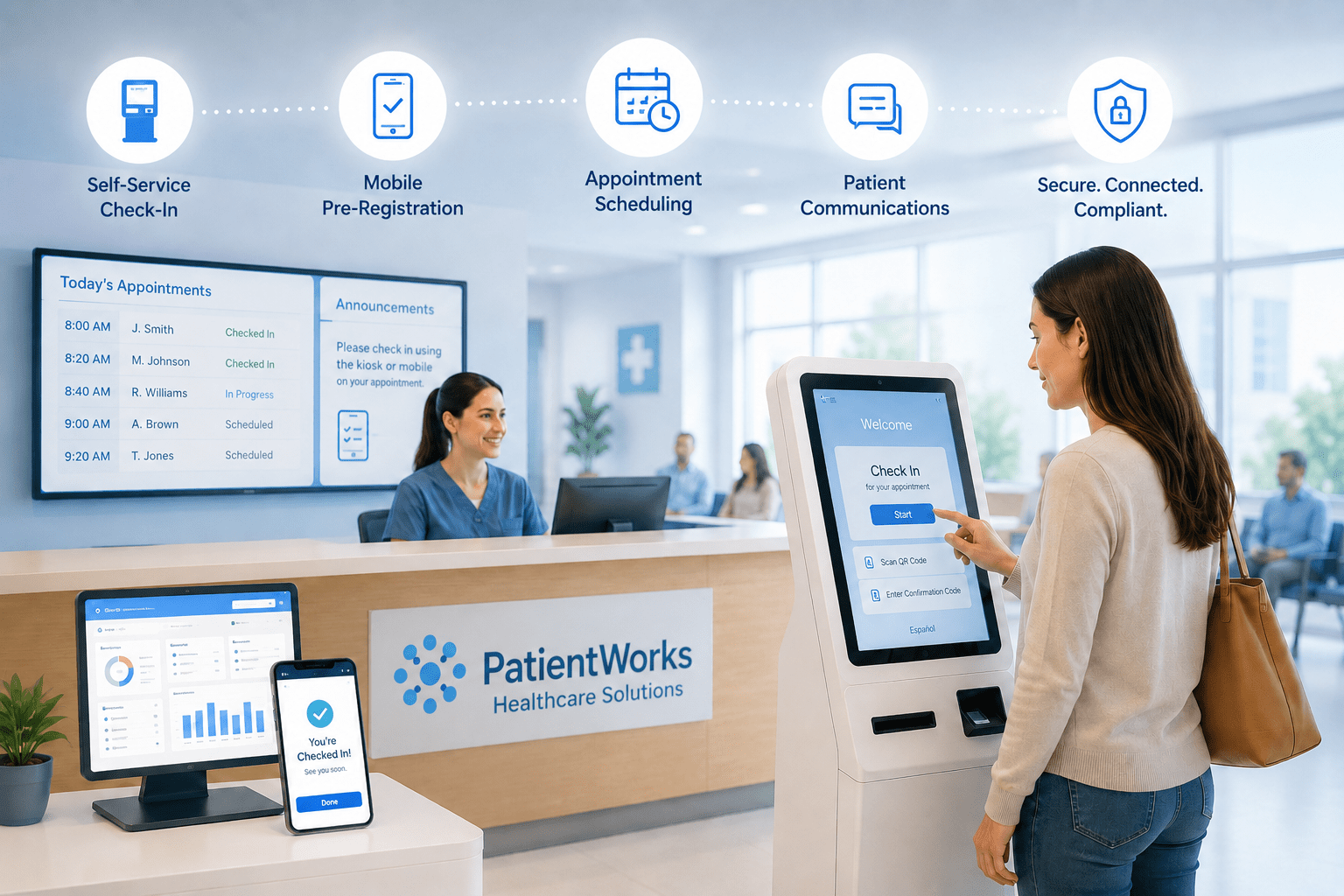 Patient using a healthcare self-service check-in kiosk in a modern medical office, illustrating mobile pre-registration, appointment scheduling, patient communications, and EMR-connected workflows with PatientWorks branding.