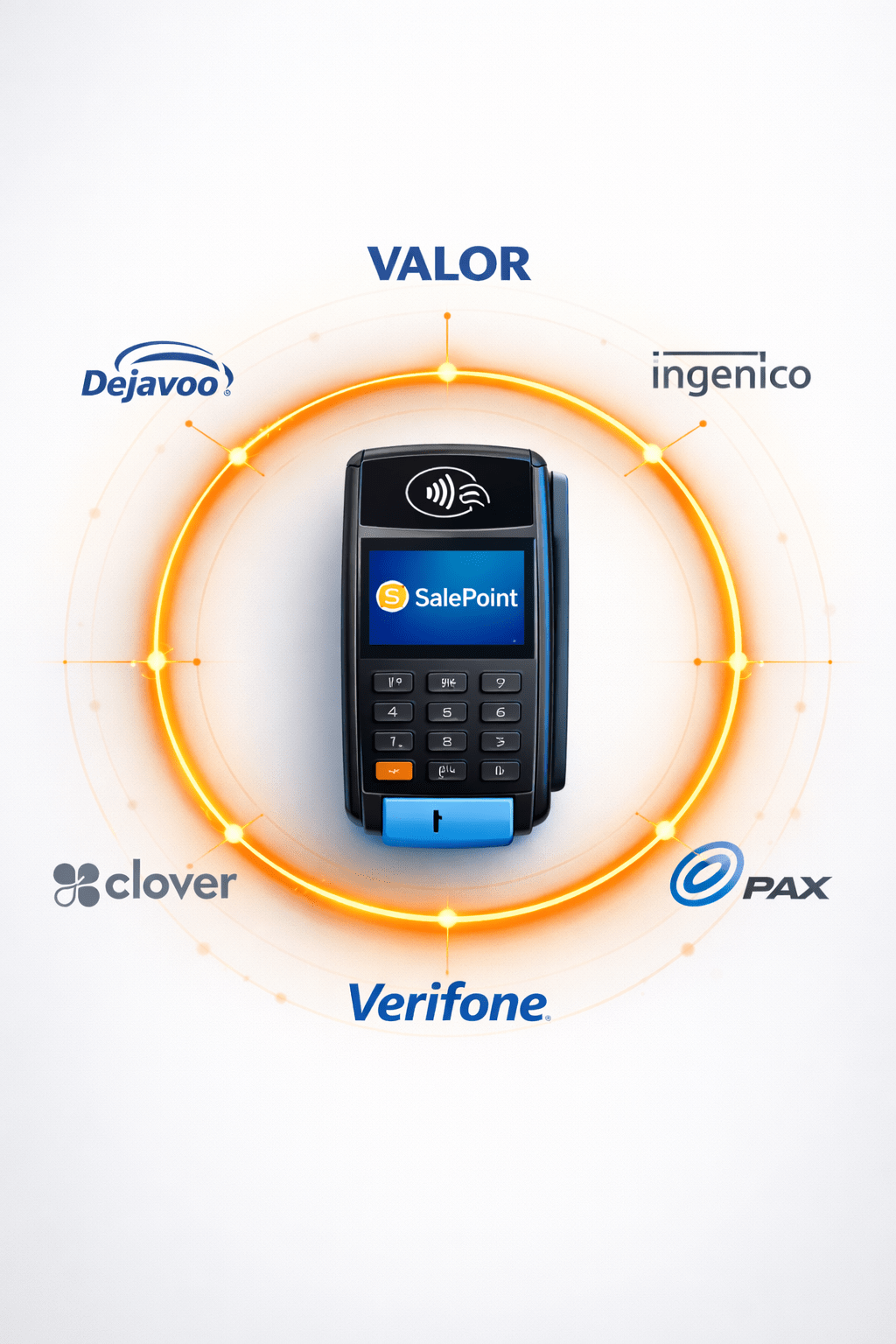 Portrait infographic showing a SalePoint payment terminal surrounded by a glowing orange ring and six payment hardware brand logos — Valor, Ingenico, Pax, Verifone, Dejavoo, and Clover — on a white‑to‑light‑gray background. The terminal features a blue touchscreen with the SalePoint logo, a contactless payment symbol, and a numeric keypad, representing secure, integrated payment hardware compatibility across leading brands.