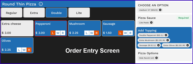 Pizza order entry 1/2 n 1/2 toppings