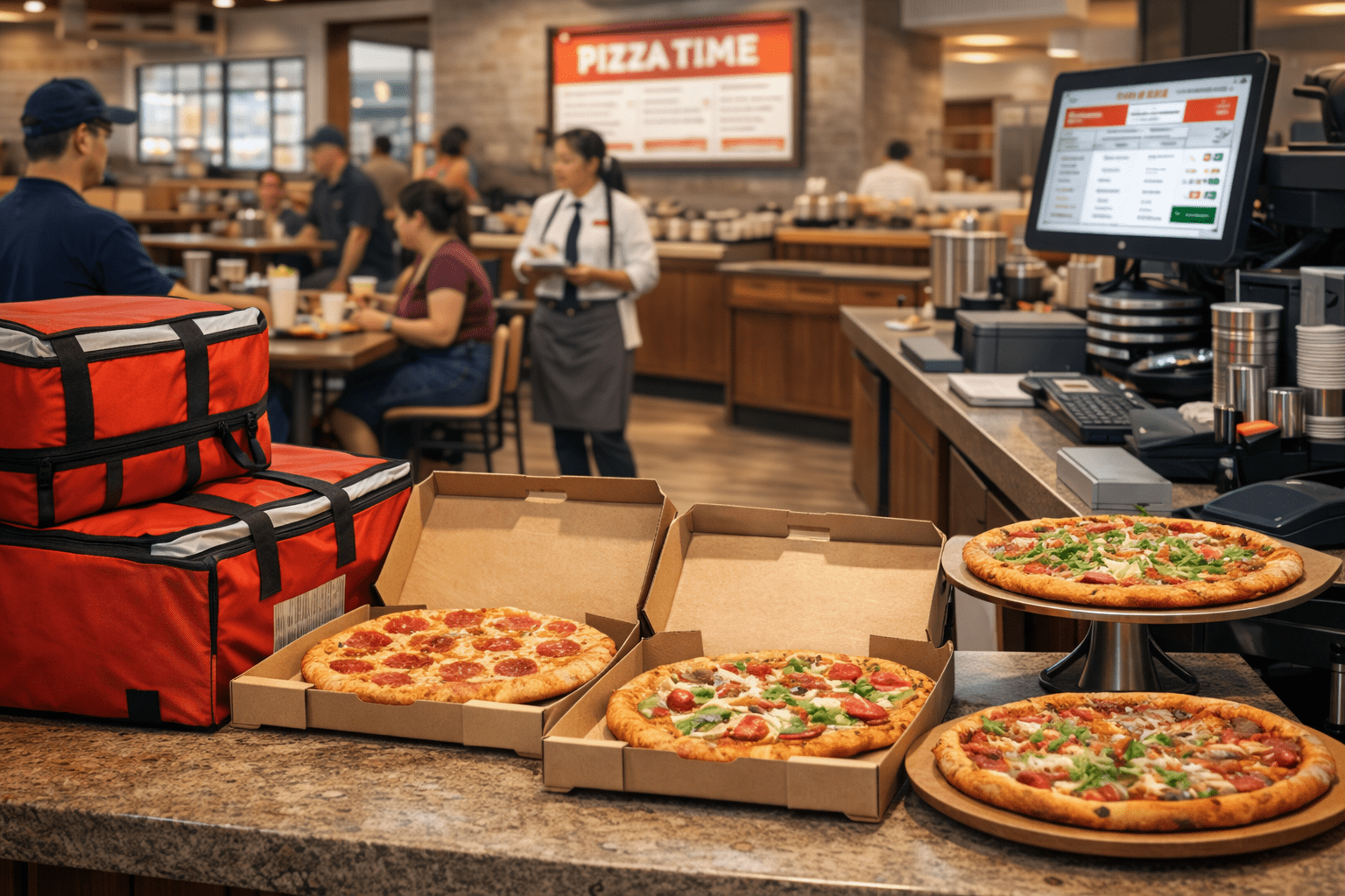 A busy pizza restaurant counter with three fresh pizzas—two in open cardboard boxes and one on a round tray—showing pepperoni and vegetable toppings. Red insulated delivery bags are stacked to the left, and a POS terminal with a touchscreen and receipt printer sits to the right. In the background, diners eat at wooden tables while staff take orders near a “PIZZA TIME” menu board. Warm lighting highlights the mix of dine‑in and delivery activity.