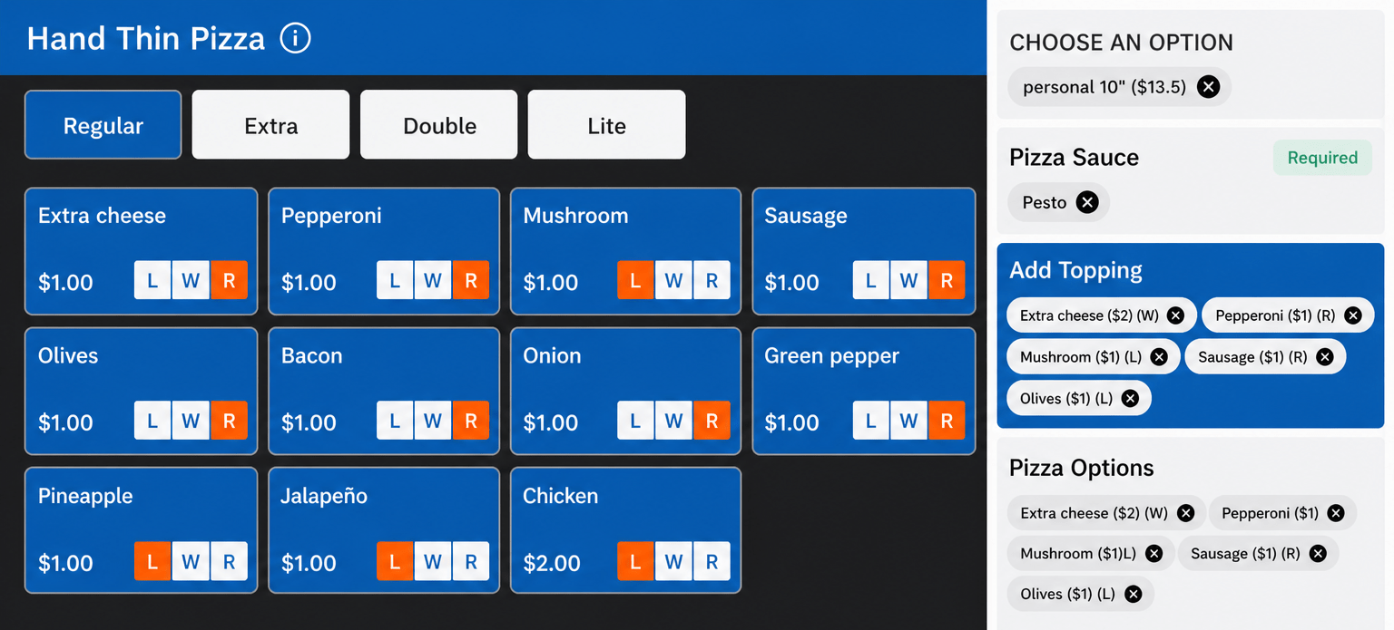 Digital pizzeria menu board showing customizable pizza options with toppings, half‑and‑half selections, and portion‑based pricing displayed on a clean modern interface.