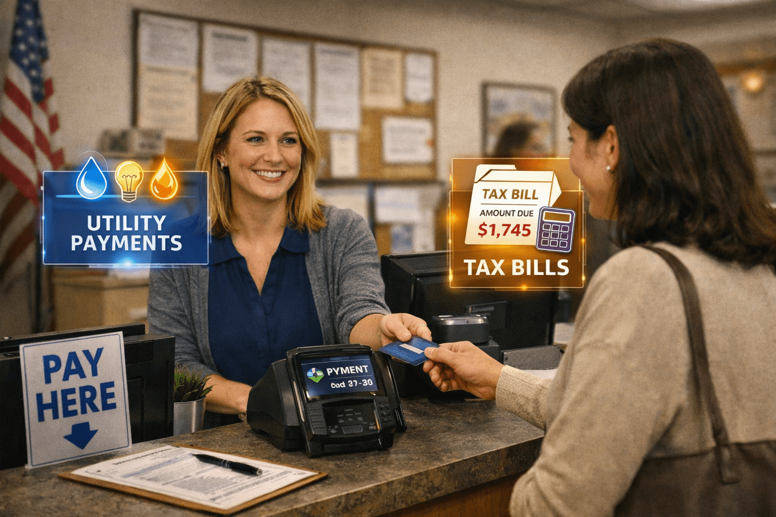 Government office clerk assisting a citizen with a secure payment terminal.