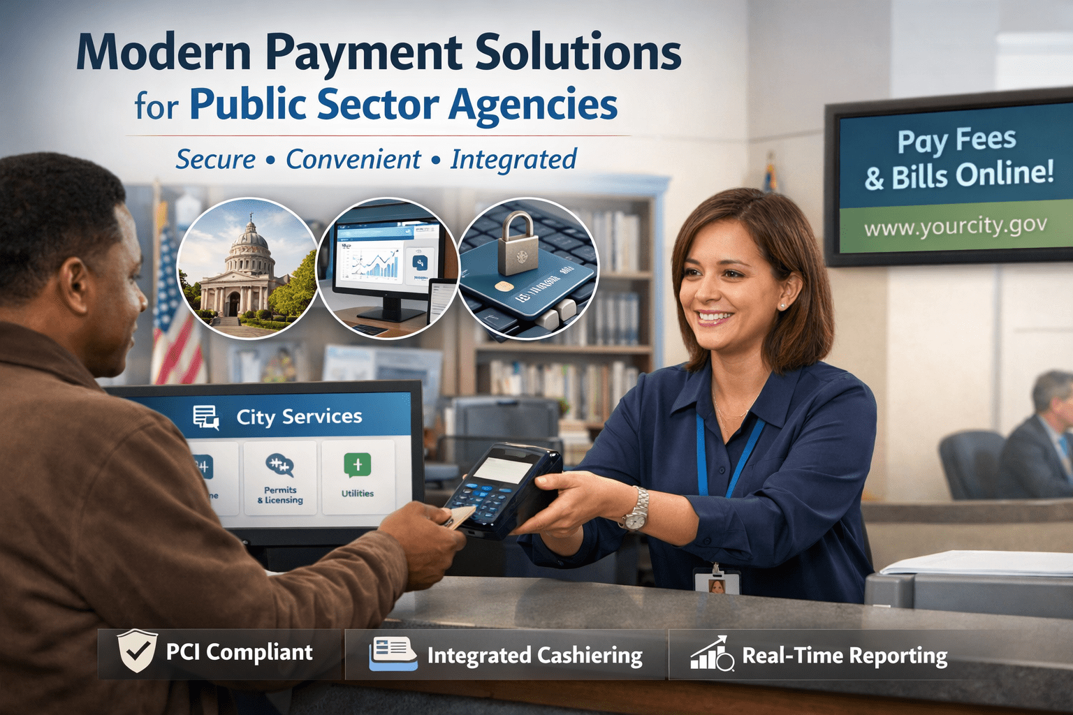 A government clerk at a city hall service counter assists a customer using a modern payment terminal. An American flag and city seal are visible in the background. Floating graphics illustrate PCI compliance, integrated cashiering, and real‑time reporting dashboards.
