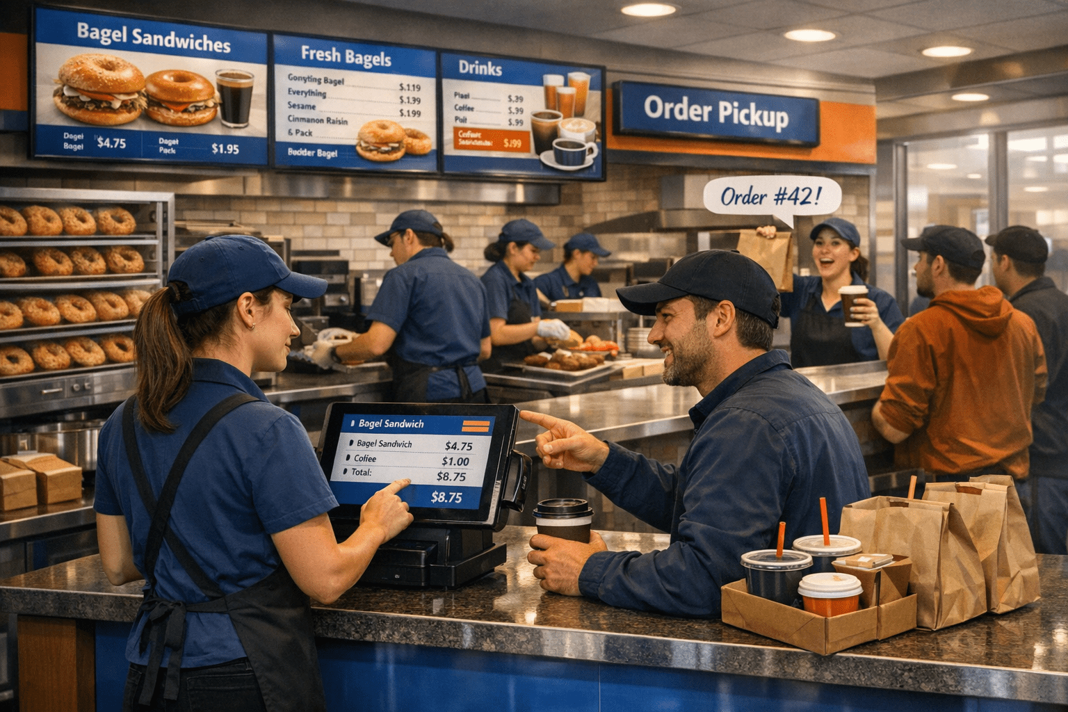 Quick service bagel shop with a female cashier in a navy uniform taking an order on a touchscreen POS while a male customer points at the screen and holds a coffee cup. Behind them, staff prepare food and call out 'Order #42!' under bright digital menu boards in SalePoint’s blue, orange, and white tones. Brown paper bags and drink cups sit on the counter, and customers wait at the pickup area.