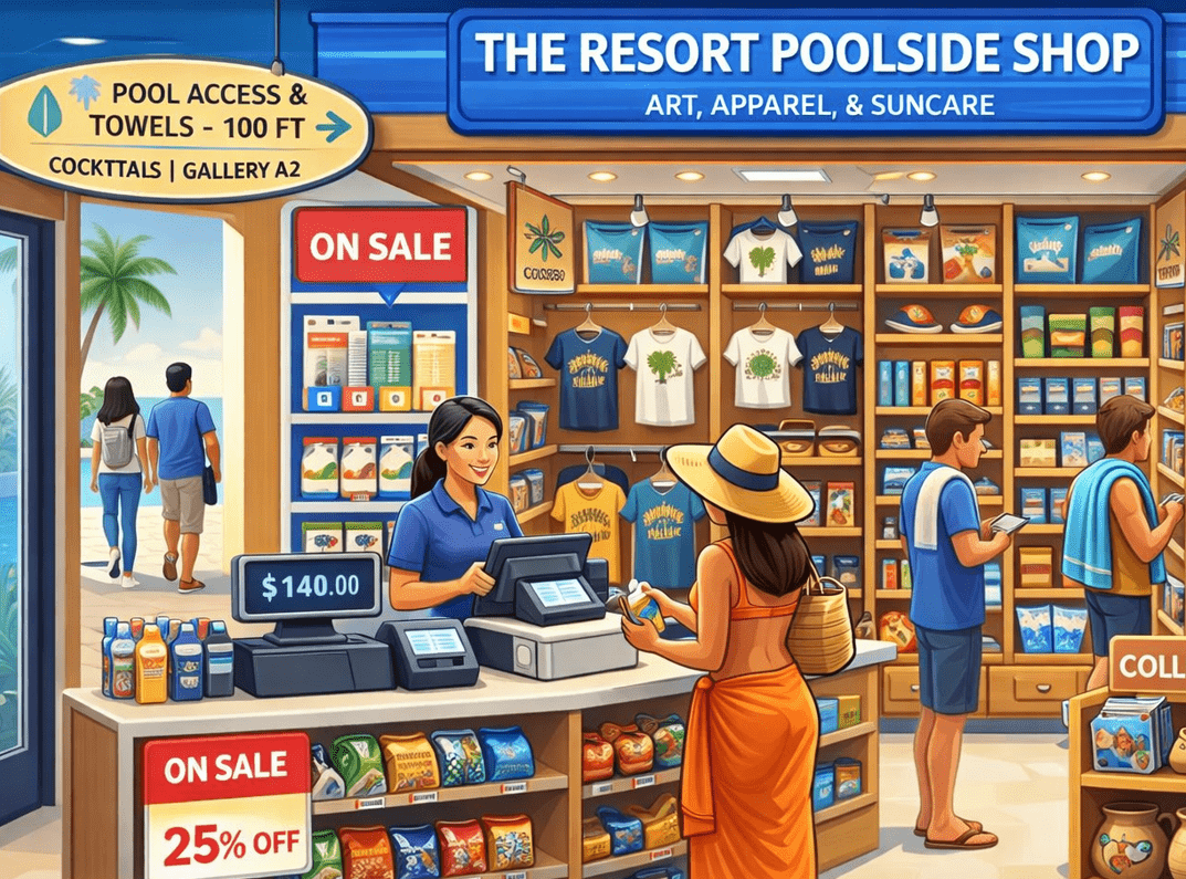 Resort gift shop with vacation apparel, beach gear, and luxury keepsakes