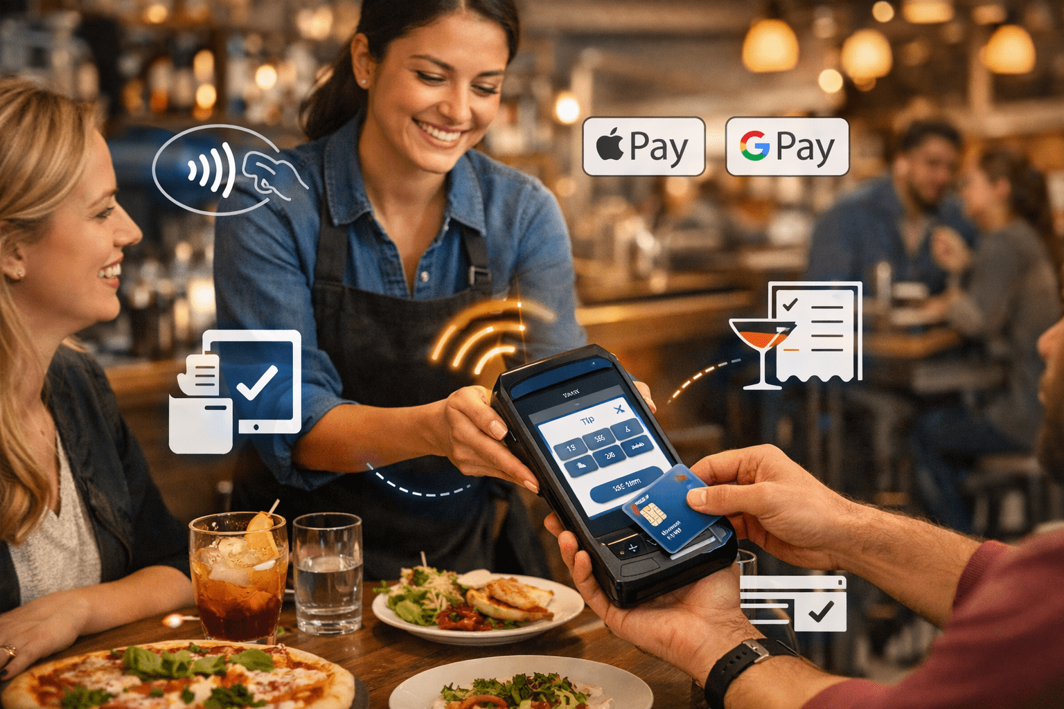 Restaurant server using a handheld payment device at a busy table.