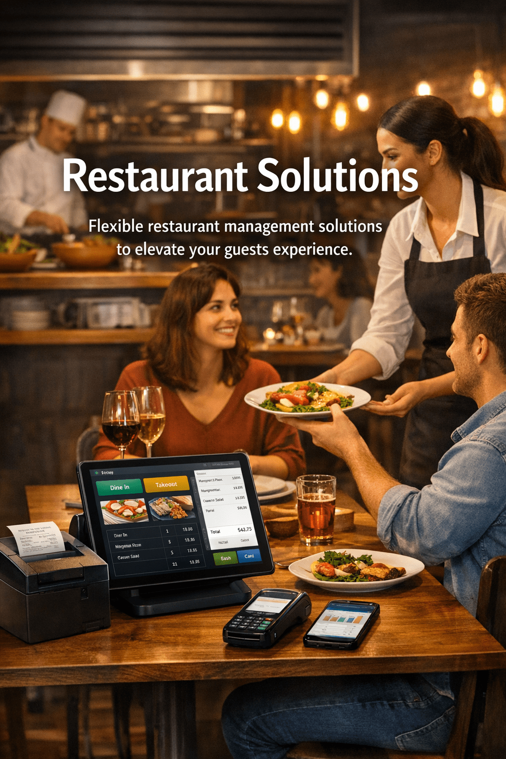 Restaurant staff serving guests using SalePoint POS system mobile