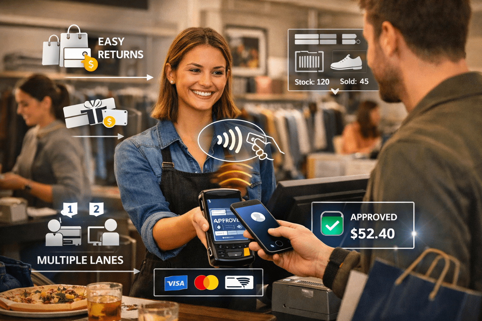 Retail cashier scanning items with an integrated payment terminal.