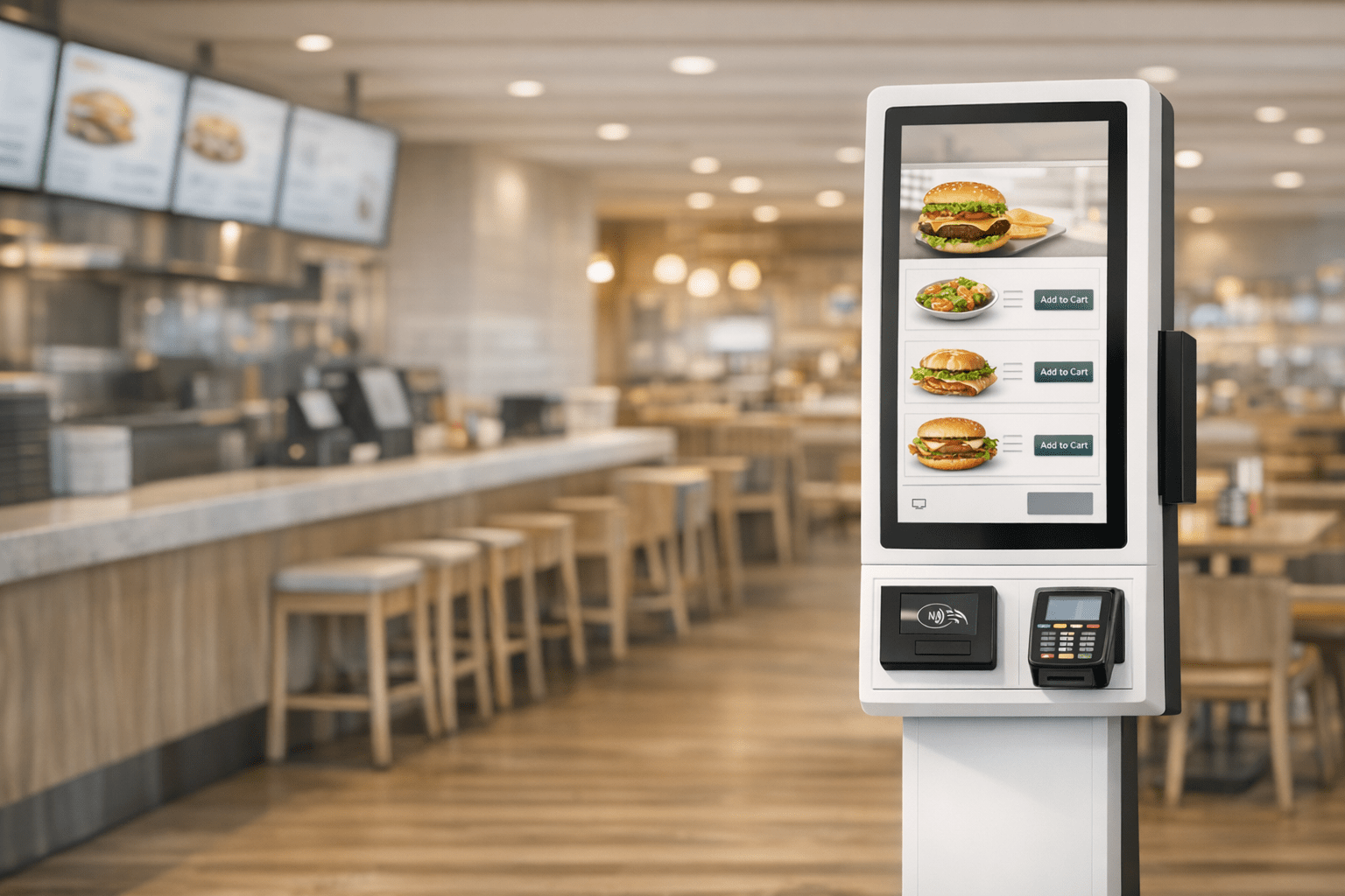 Restaurant self‑ordering kiosk interface showing menu items and ordering options