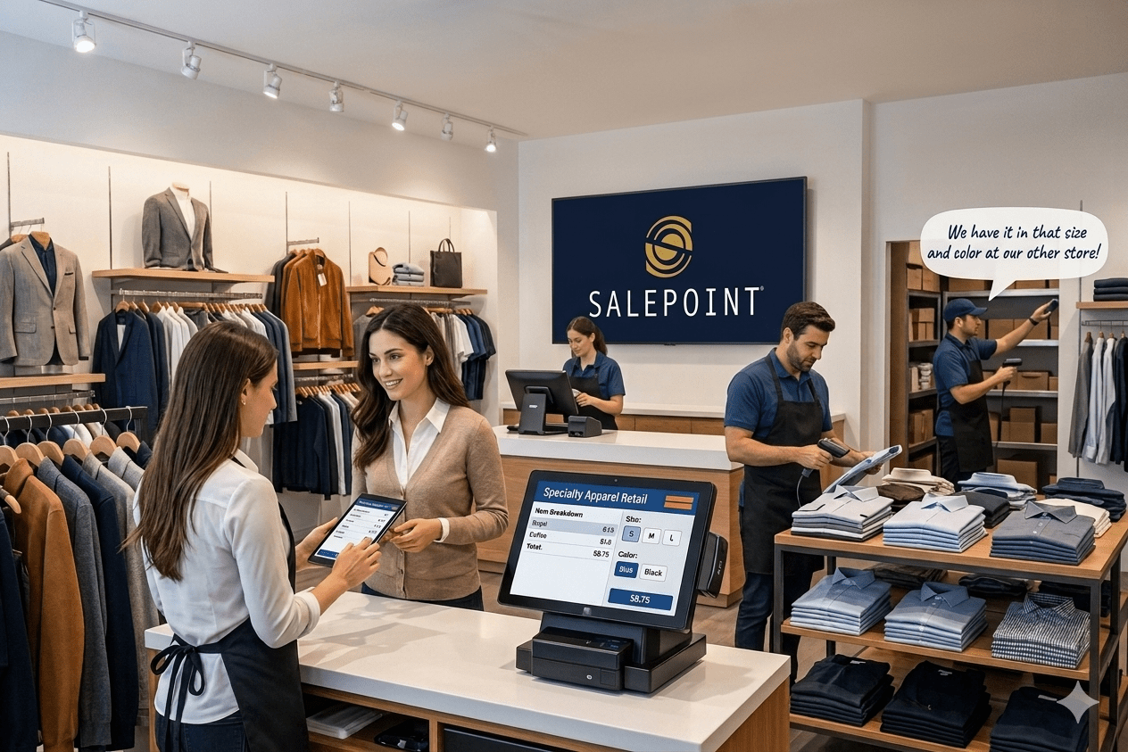 Modern specialty apparel retail store with SalePoint POS technology, showing staff assisting customers with tablets, real-time size and color availability, and a checkout screen displaying variant inventory and item details. Clothing racks with jackets and shirts line the store while employees use integrated POS tools to check stock across locations and complete fast, accurate transactions.