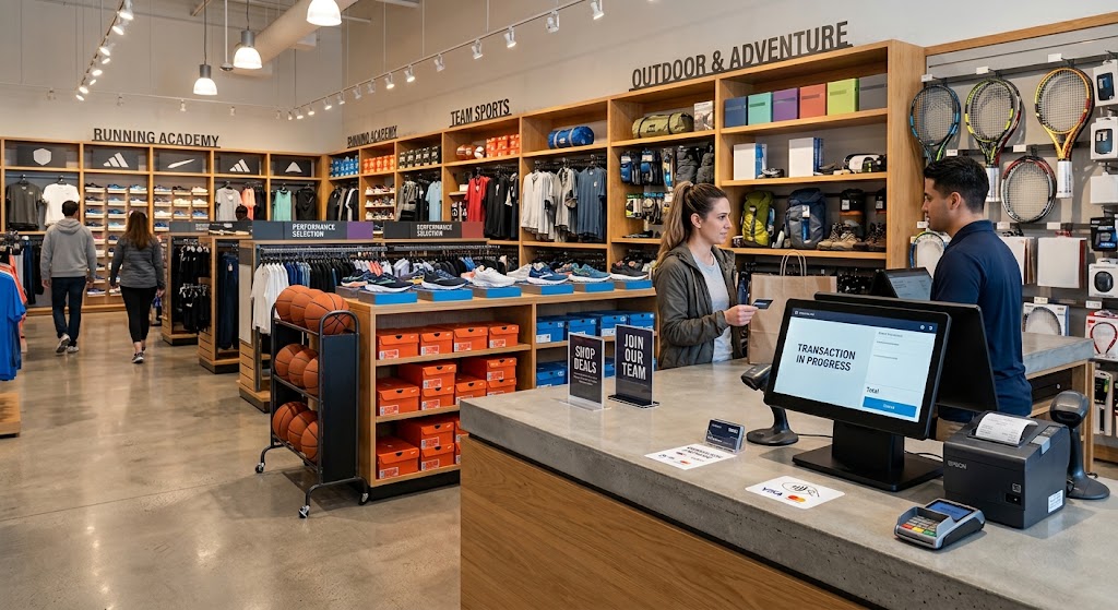 Sporting goods retail POS terminal displaying footwear matrix inventory, serialized equipment lookup, contactless payment processing, and multi-department store management.
