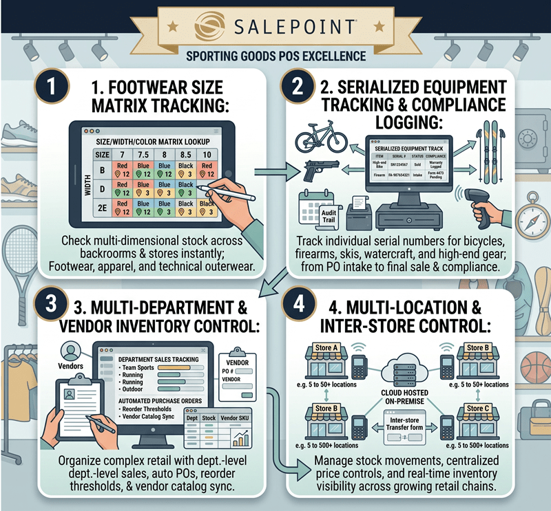 Infographic titled “SalePoint: Sporting Goods POS Excellence,” showing four illustrated panels that highlight footwear size‑matrix lookup, serialized equipment tracking, multi‑department inventory control, and multi‑location inter‑store management for sporting goods retailers.