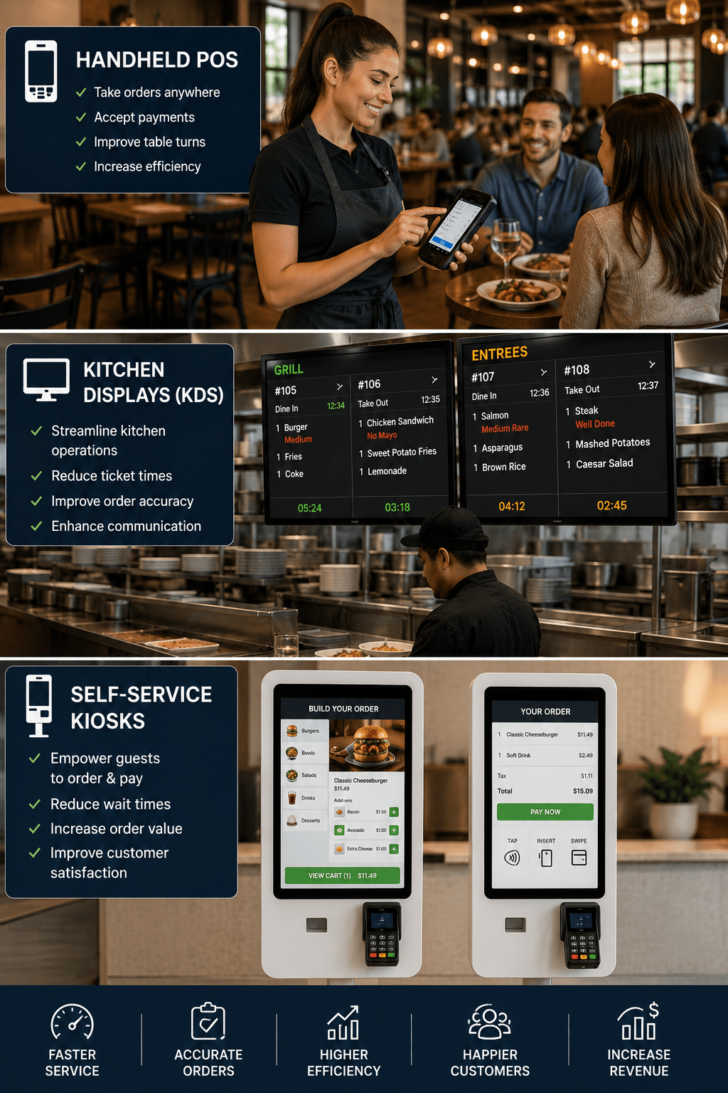 Restaurant staff using handheld POS devices, kitchen displays, and self-service kiosks
