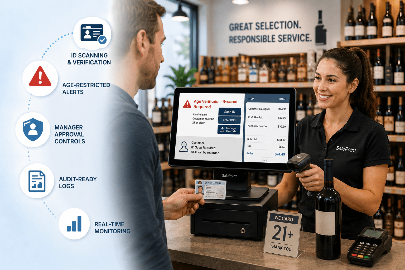 Cashier in a liquor store scanning a bottle of wine while verifying a customer’s driver’s license at a POS system displaying age-verification prompts, itemized alcohol purchases, and compliance features; shelves of wine and spirits visible in the background.